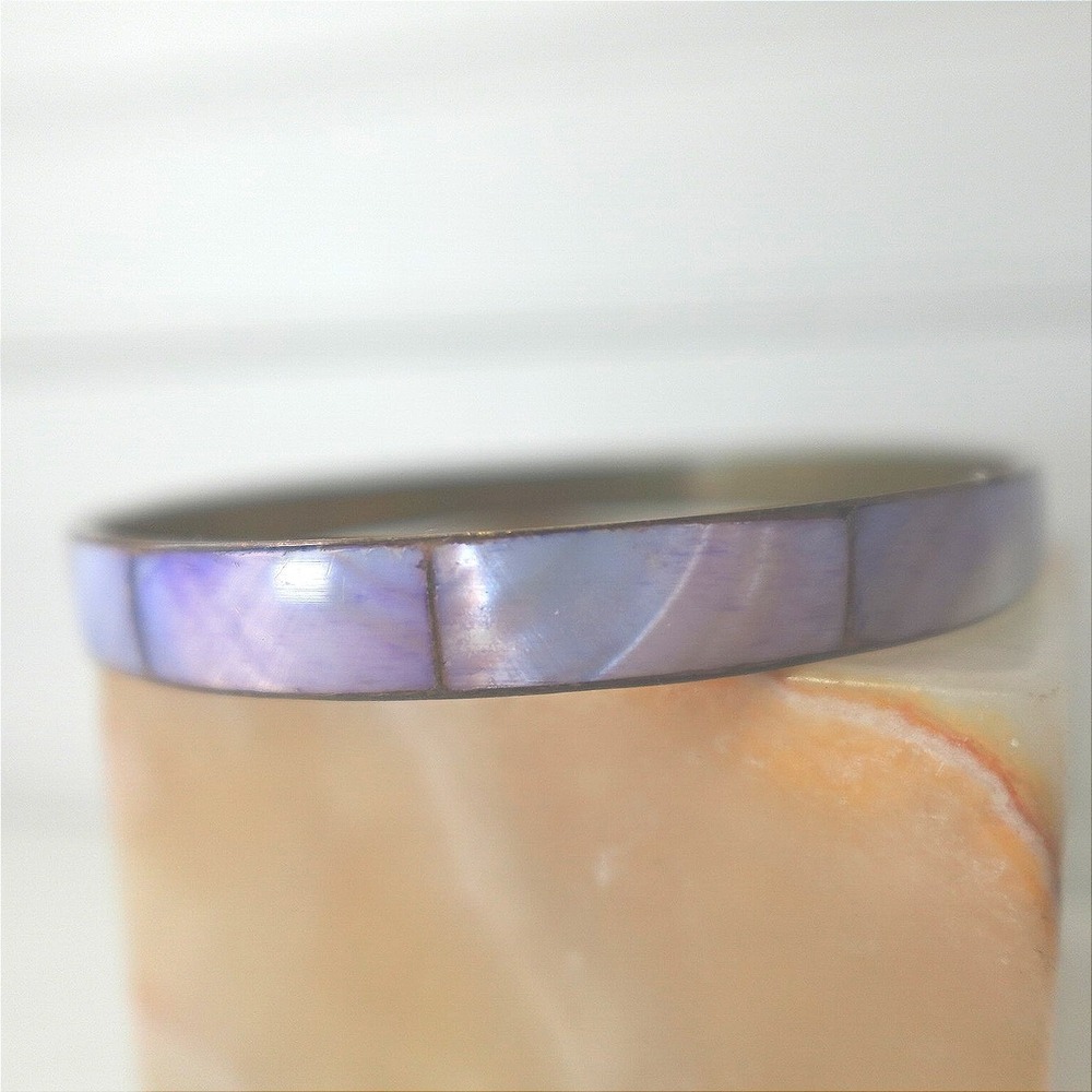 Vintage Boho Bangle Bracelet Brass Purple Mother of Pearl Abalone Shell Inlay